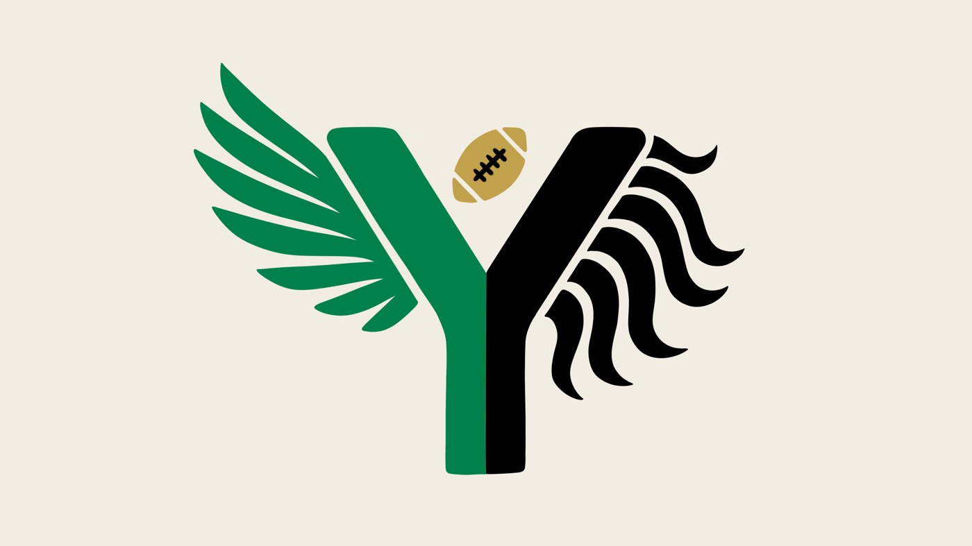 Mark with green left half and wing, night right half and mane, on bone