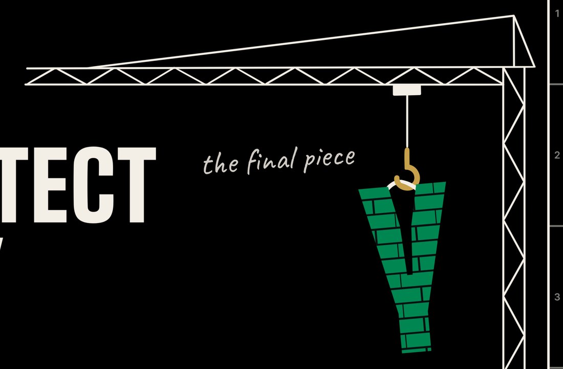 A crane lowering a green brick Y on a hook, with the handwritten note the final piece