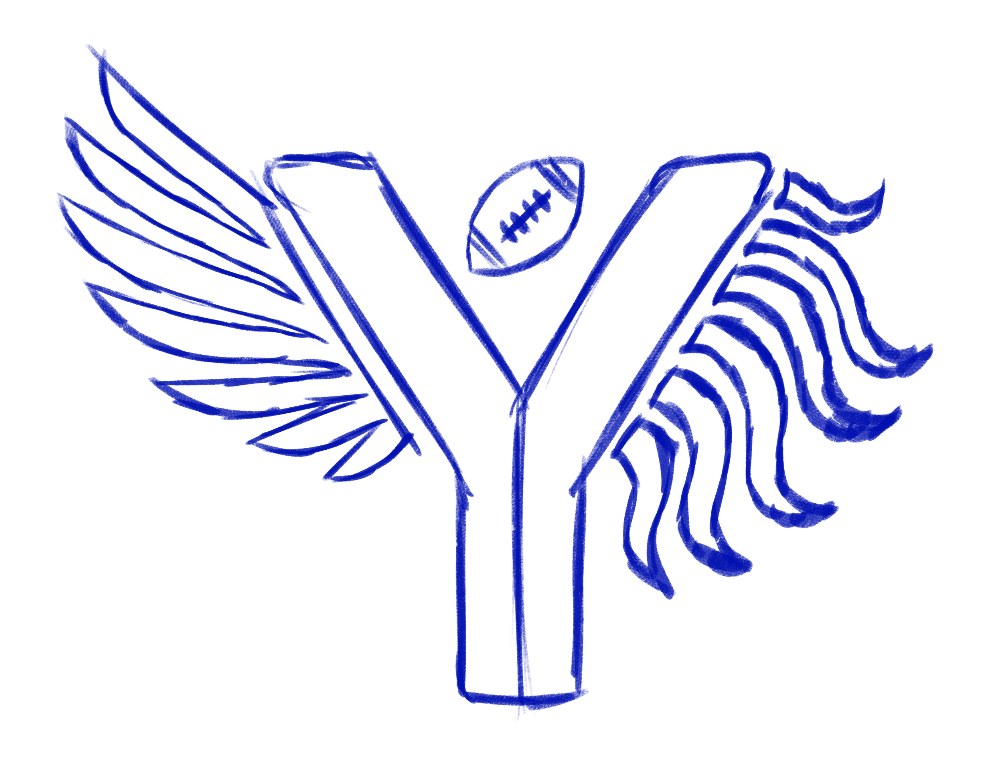 Procreate sketch of a block letter Y with feathered wing on the left arm, flowing mane on the right arm and a laced football in the V
